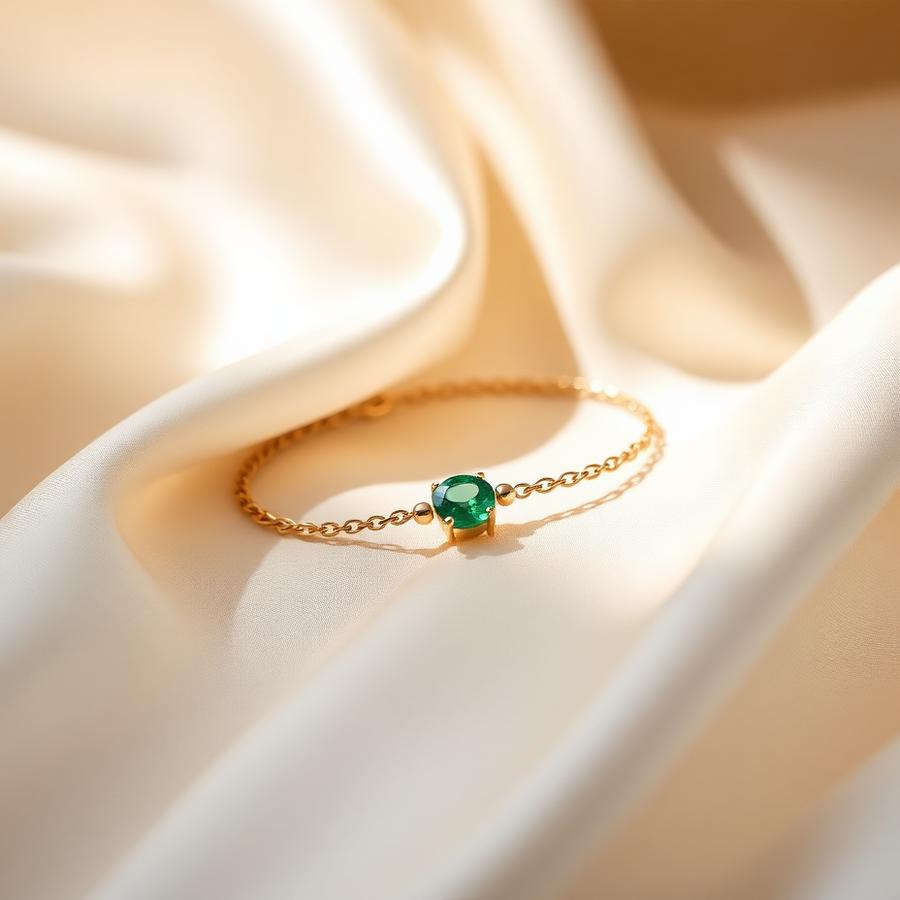 Gold chain bracelet with an emerald-green stone
