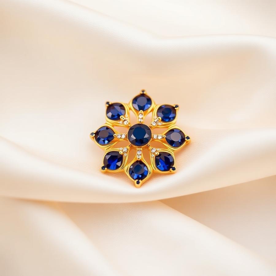 Gold flower brooch with sapphire-blue stones