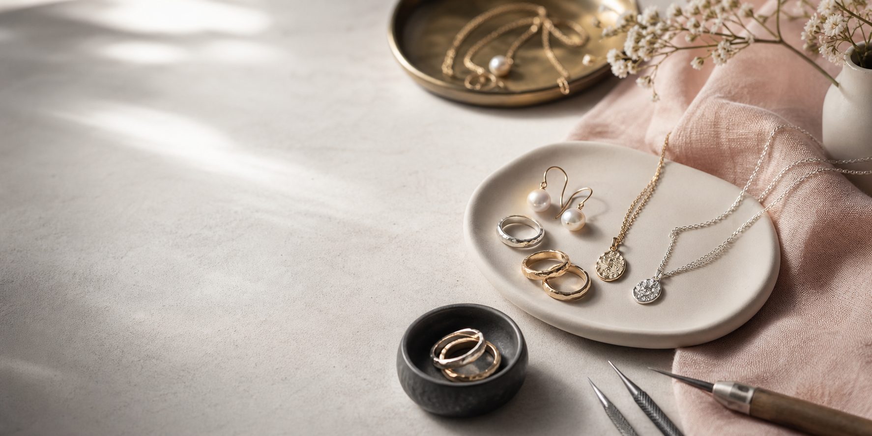 Handmade rings, pearl earrings, and necklaces arranged on ceramic trays