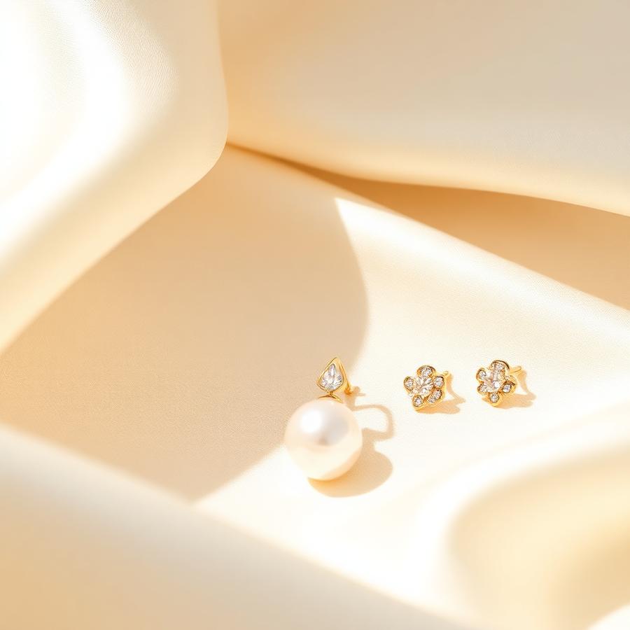 Small gold stud and drop earrings arranged on cream silk